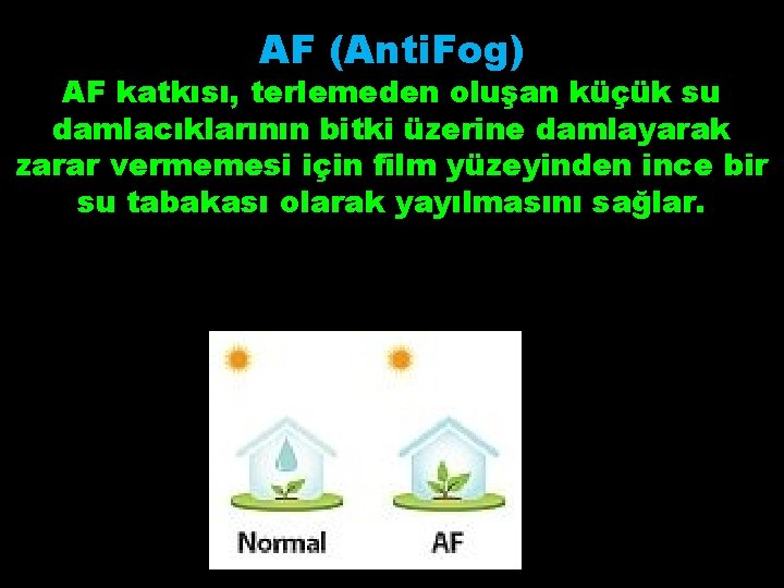 AF (Anti. Fog) AF katkısı, terlemeden oluşan küçük su damlacıklarının bitki üzerine damlayarak zarar