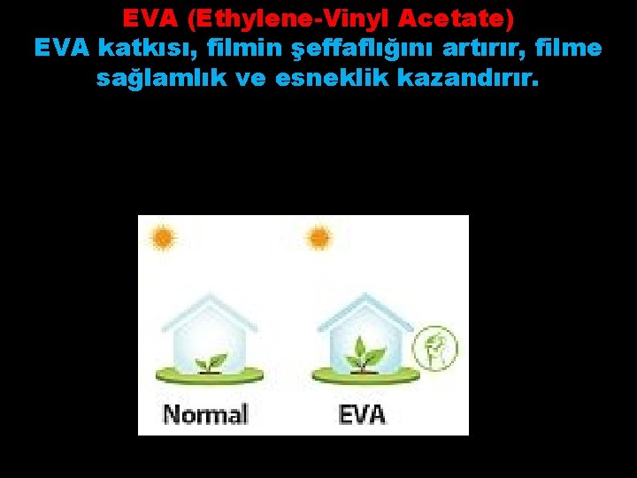 EVA (Ethylene-Vinyl Acetate) EVA katkısı, filmin şeffaflığını artırır, filme sağlamlık ve esneklik kazandırır. 