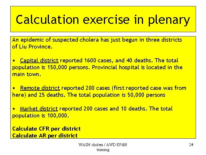 Calculation exercise in plenary An epidemic of suspected cholera has just begun in three