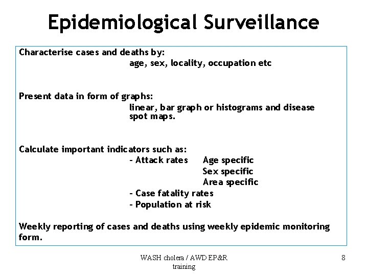 Epidemiological Surveillance Characterise cases and deaths by: age, sex, locality, occupation etc Present data
