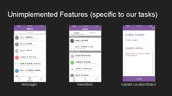 Unimplemented Features (specific to our tasks) Messages Newsfeed Update Location/Status 