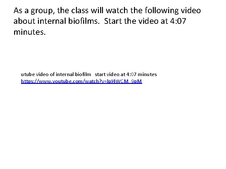 As a group, the class will watch the following video about internal biofilms. Start