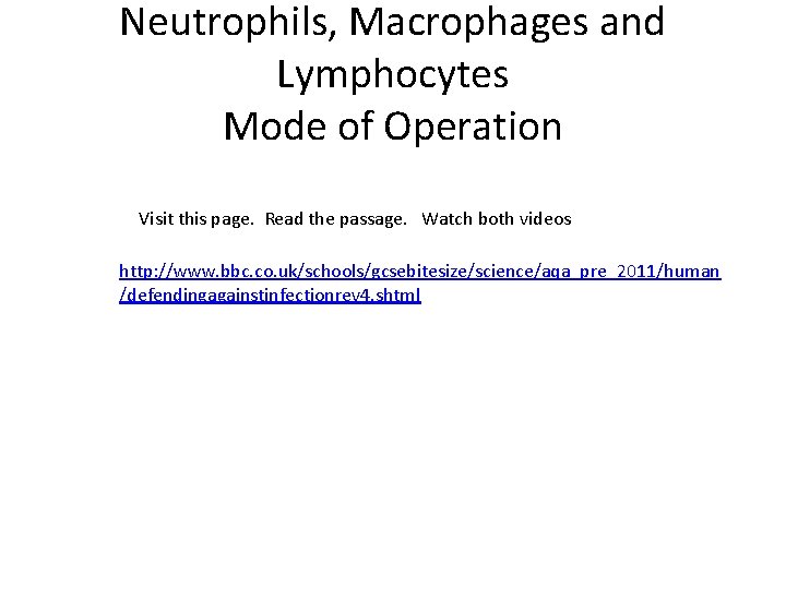 Neutrophils, Macrophages and Lymphocytes Mode of Operation Visit this page. Read the passage. Watch