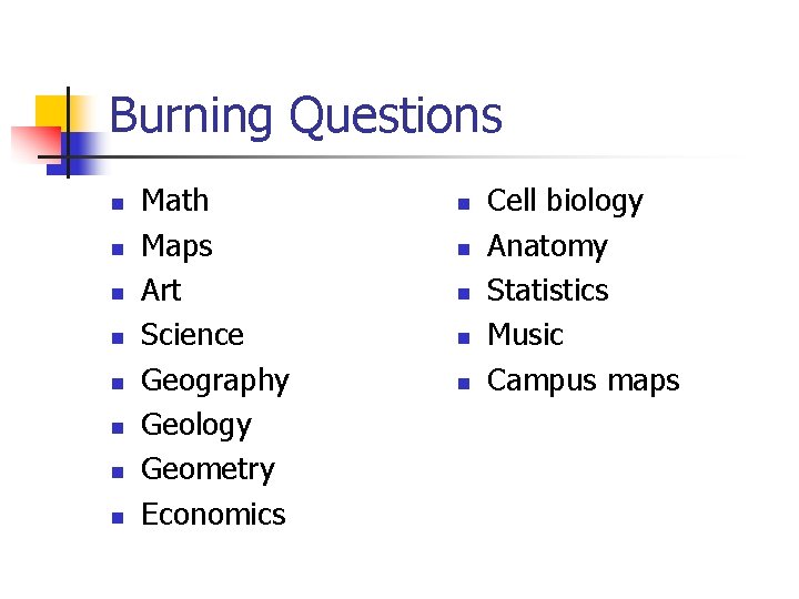 Burning Questions n n n n Math Maps Art Science Geography Geology Geometry Economics