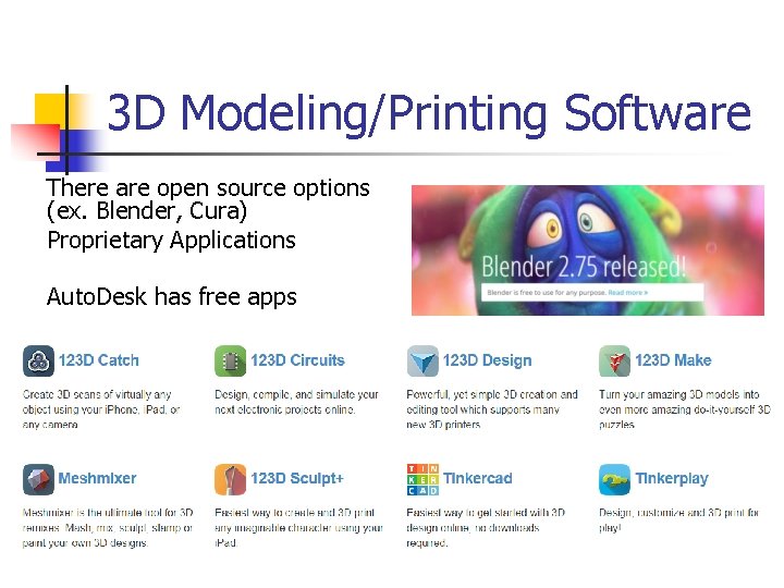 3 D Modeling/Printing Software There are open source options (ex. Blender, Cura) Proprietary Applications