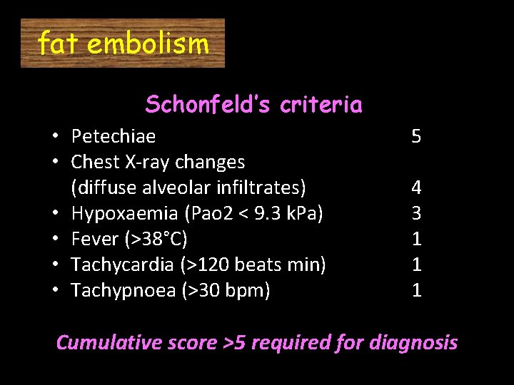 fat embolism Schonfeld’s criteria • Petechiae • Chest X-ray changes (diffuse alveolar infiltrates) •
