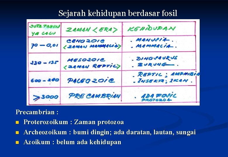 Sejarah kehidupan berdasar fosil Precambrian : n Proterozoikum : Zaman protozoa n Archeozoikum :