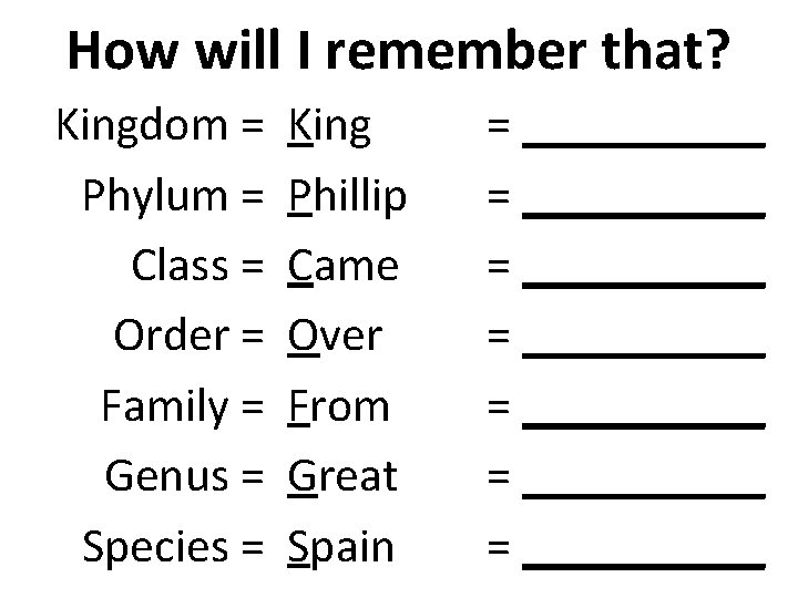 How will I remember that? Kingdom = Phylum = Class = Order = Family