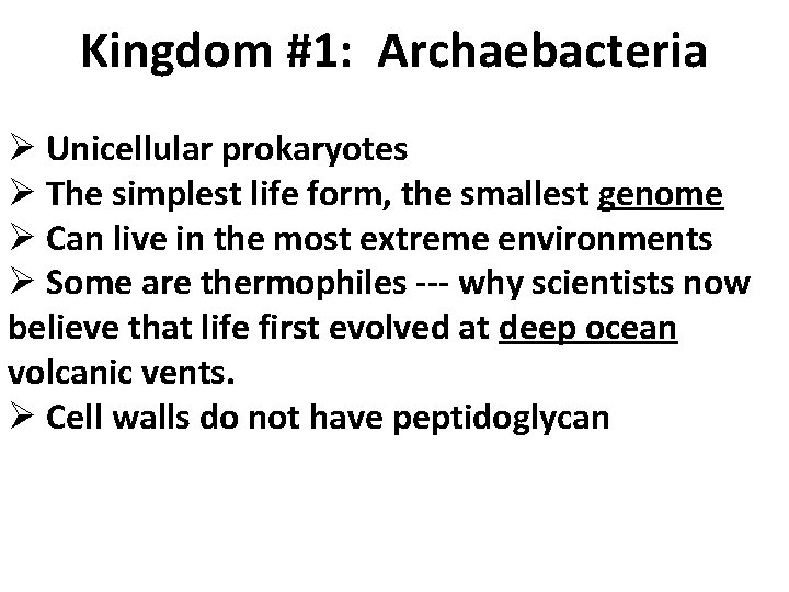 Kingdom #1: Archaebacteria Ø Unicellular prokaryotes Ø The simplest life form, the smallest genome