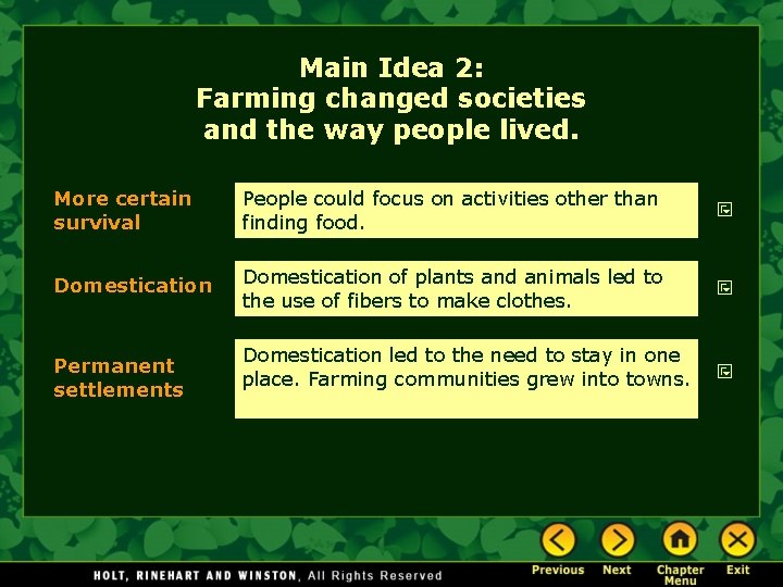 Main Idea 2: Farming changed societies and the way people lived. More certain survival