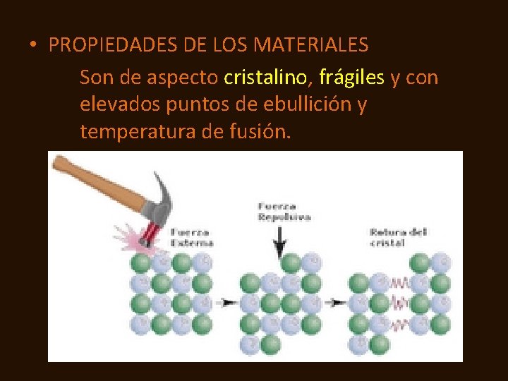  • PROPIEDADES DE LOS MATERIALES Son de aspecto cristalino, frágiles y con elevados