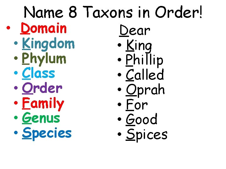 Name 8 Taxons in Order! • Domain • Kingdom • Phylum • Class •