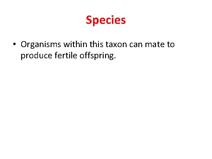 Species • Organisms within this taxon can mate to produce fertile offspring. 