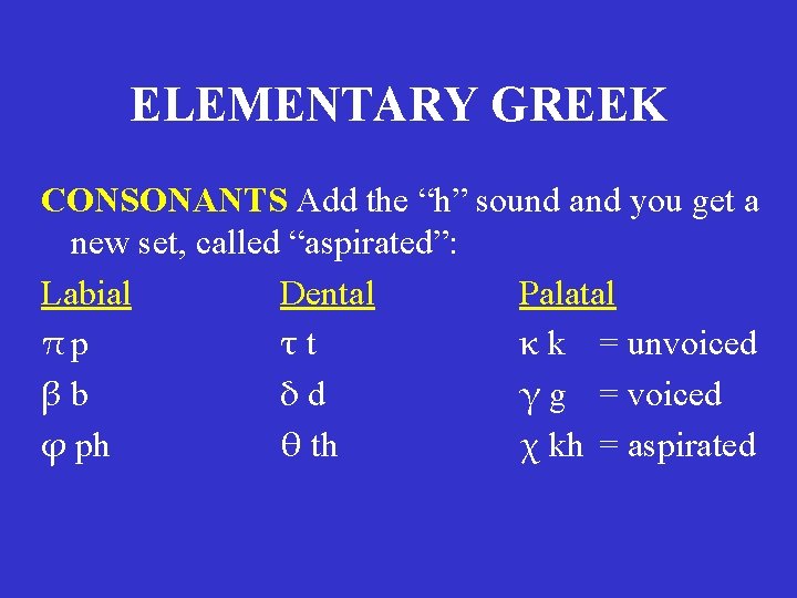 ELEMENTARY GREEK CONSONANTS Add the “h” sound and you get a new set, called ELEMENTARY GREEK CONSONANTS Add the “h” sound and you get a new set, called