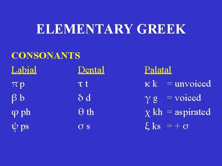 ELEMENTARY GREEK CONSONANTS Labial Dental πp τt βb δd φ ph θ th ψ ELEMENTARY GREEK CONSONANTS Labial Dental πp τt βb δd φ ph θ th ψ