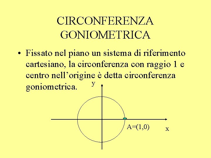 CIRCONFERENZA GONIOMETRICA • Fissato nel piano un sistema di riferimento cartesiano, la circonferenza con