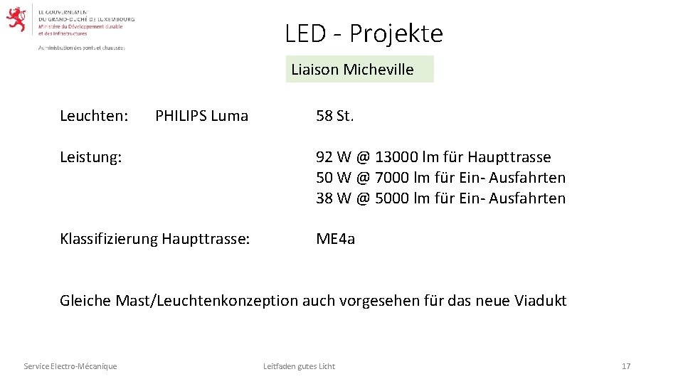 LED - Projekte Liaison Micheville Leuchten: PHILIPS Luma 58 St. Leistung: 92 W @