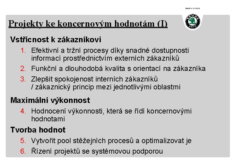 SIMPLY CLEVER Projekty ke koncernovým hodnotám (I) Vstřícnost k zákazníkovi 1. Efektivní a tržní