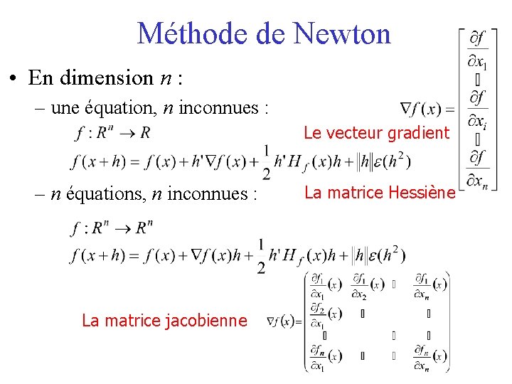 Méthode de Newton • En dimension n : – une équation, n inconnues :