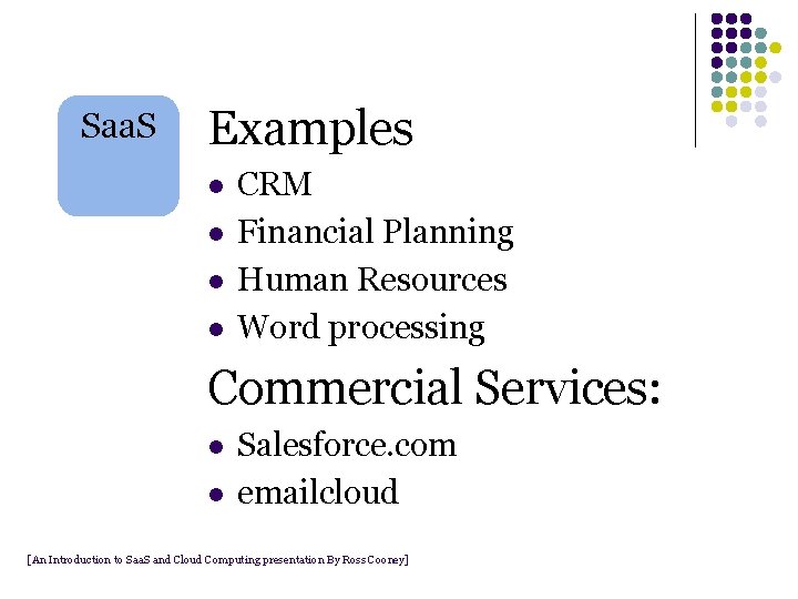 Saa. S Examples l l CRM Financial Planning Human Resources Word processing Commercial Services: Saa. S Examples l l CRM Financial Planning Human Resources Word processing Commercial Services: