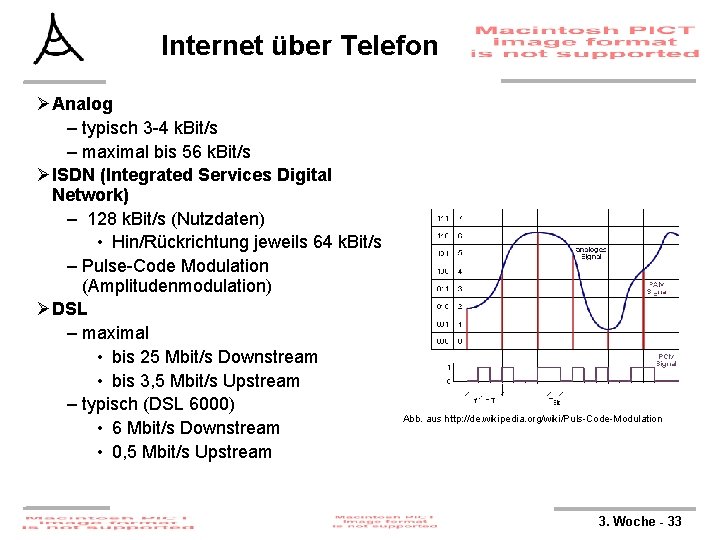 Internet über Telefon ØAnalog – typisch 3 -4 k. Bit/s – maximal bis 56