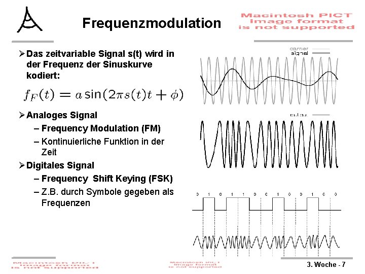 Frequenzmodulation ØDas zeitvariable Signal s(t) wird in der Frequenz der Sinuskurve kodiert: ØAnaloges Signal