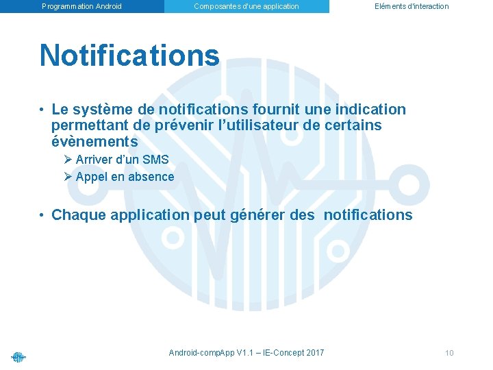 Programmation Android Composantes d’une application Eléments d’interaction Notifications • Le système de notifications fournit