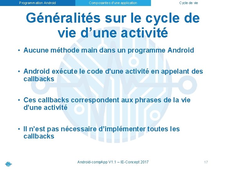 Programmation Android Composantes d’une application Cycle de vie Généralités sur le cycle de vie