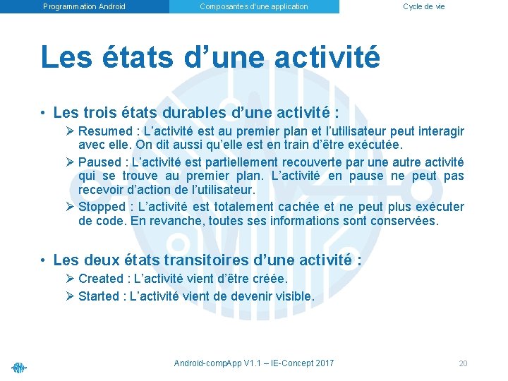 Programmation Android Composantes d’une application Cycle de vie Les états d’une activité • Les