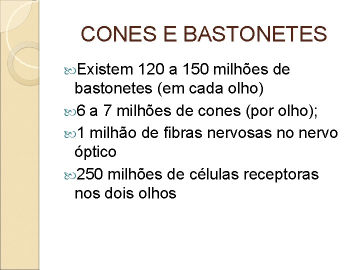 CONES E BASTONETES Existem 120 a 150 milhões de bastonetes (em cada olho) 6 CONES E BASTONETES Existem 120 a 150 milhões de bastonetes (em cada olho) 6