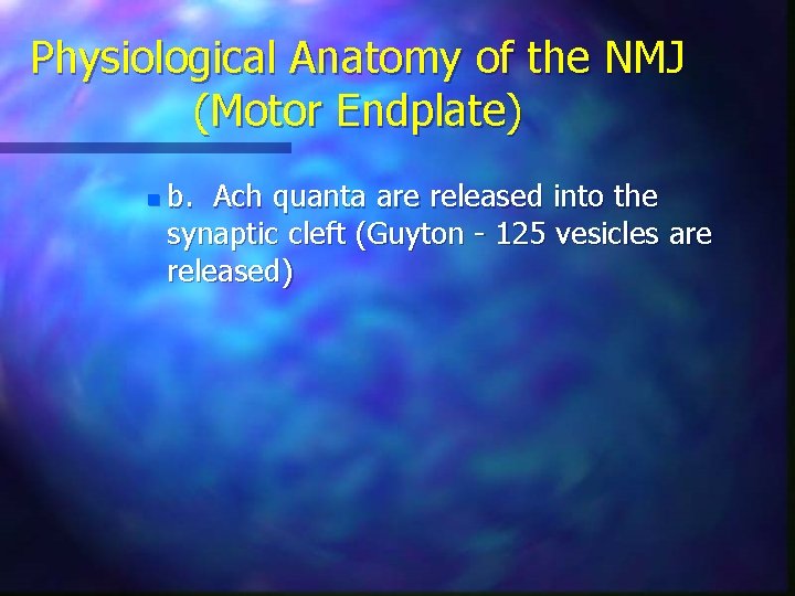 Physiological Anatomy of the NMJ (Motor Endplate) n b. Ach quanta are released into