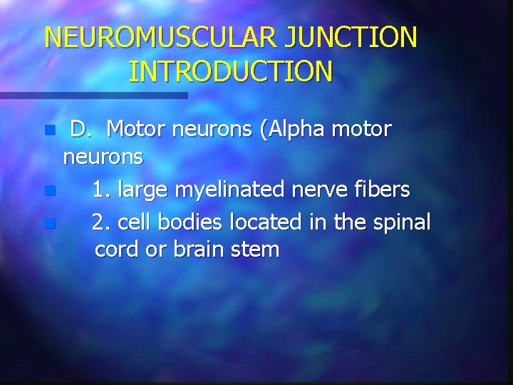 NEUROMUSCULAR JUNCTION INTRODUCTION D. Motor neurons (Alpha motor neurons n 1. large myelinated nerve