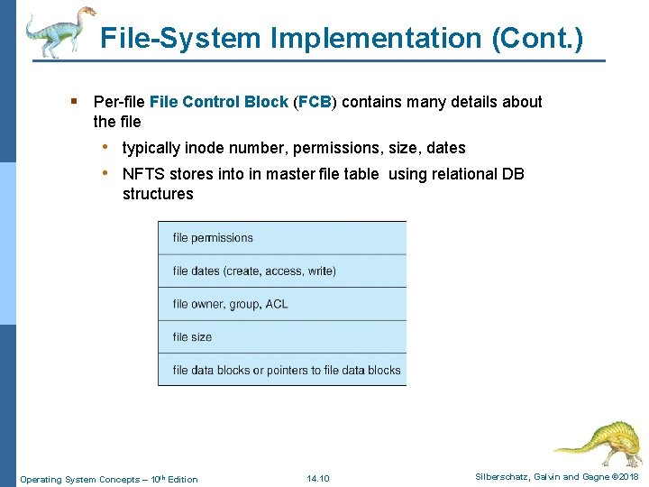 File-System Implementation (Cont. ) § Per-file File Control Block (FCB) contains many details about