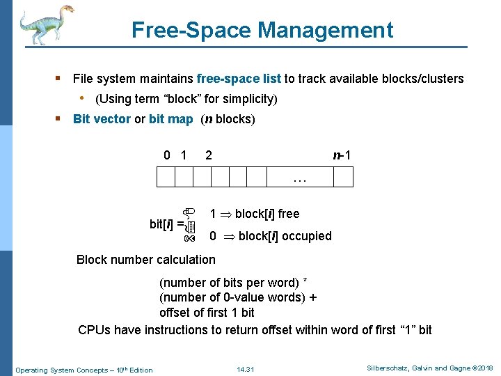 Free-Space Management § File system maintains free-space list to track available blocks/clusters • (Using