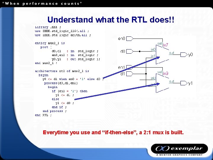 Understand what the RTL does!! Everytime you use and “if-then-else”, a 2: 1 mux