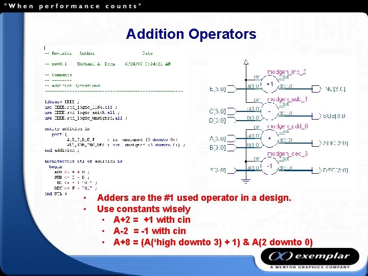 Addition Operators • • Adders are the #1 used operator in a design. Use