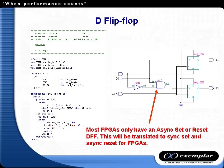 D Flip-flop Most FPGAs only have an Async Set or Reset DFF. This will