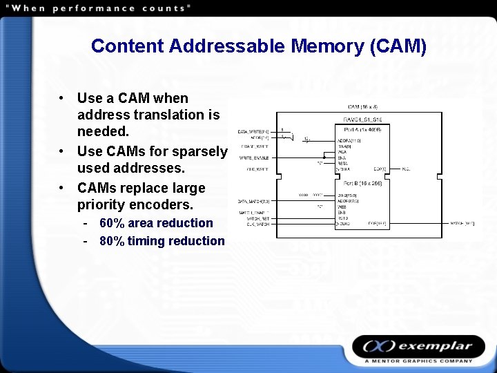 Content Addressable Memory (CAM) • Use a CAM when address translation is needed. •