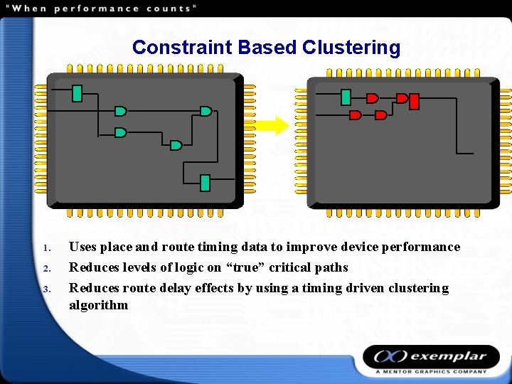 Constraint Based Clustering 1. 2. 3. Uses place and route timing data to improve