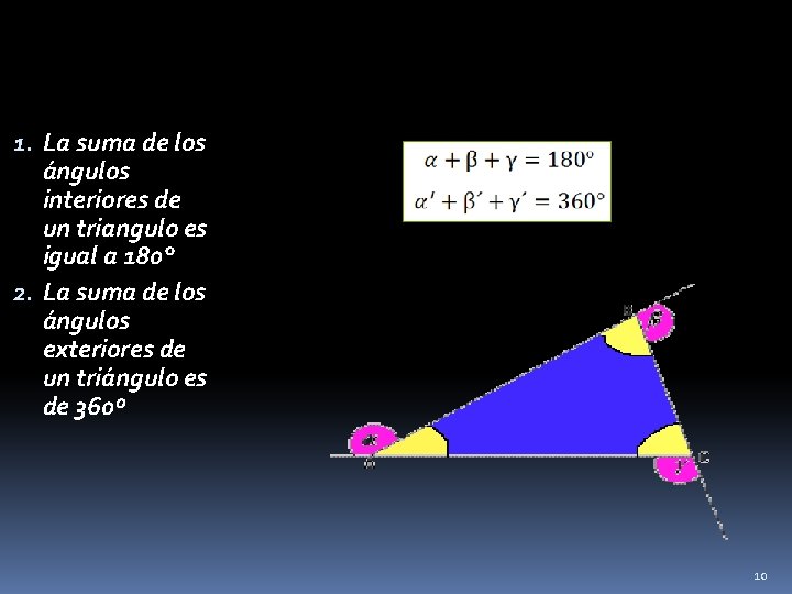 1. La suma de los ángulos interiores de un triangulo es igual a 180°