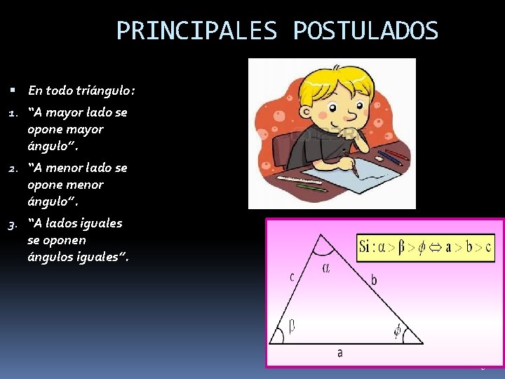 PRINCIPALES POSTULADOS En todo triángulo: 1. “A mayor lado se opone mayor ángulo”. 2.