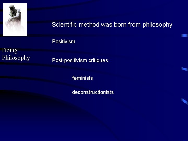 Scientific method was born from philosophy Positivism Doing Philosophy Post-positivism critiques: feminists deconstructionists 