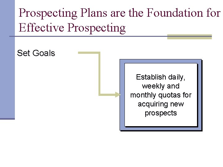 Prospecting Plans are the Foundation for Effective Prospecting Set Goals Establish daily, weekly and