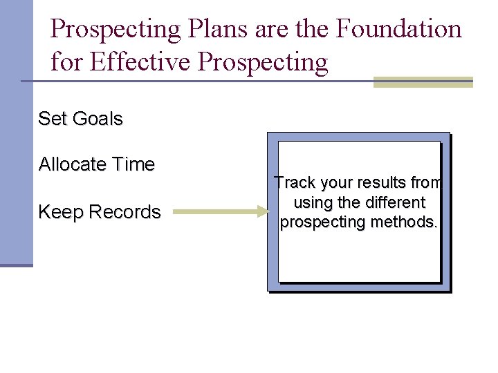 Prospecting Plans are the Foundation for Effective Prospecting Set Goals Allocate Time Keep Records