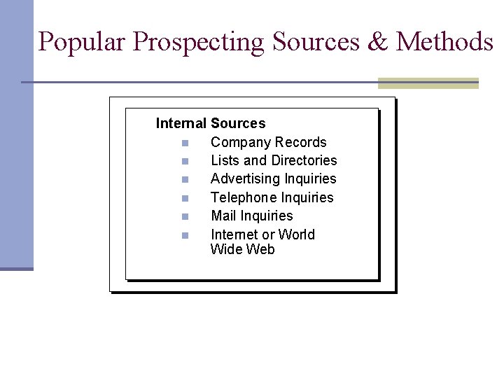 Popular Prospecting Sources & Methods Internal Sources n Company Records n Lists and Directories