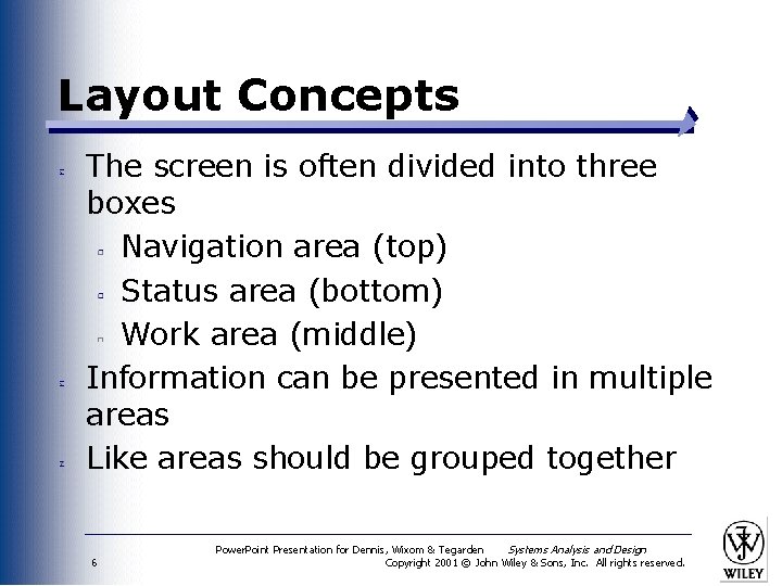 Layout Concepts The screen is often divided into three boxes Navigation area (top) Status