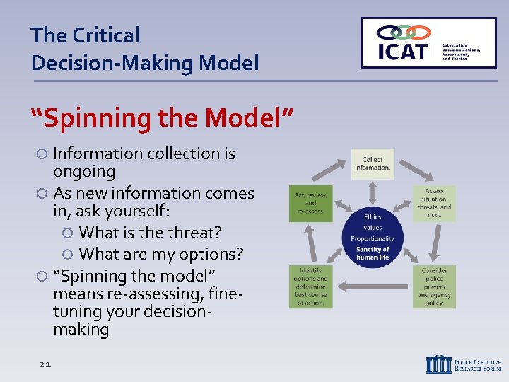 The Critical Decision-Making Model “Spinning the Model” Information collection is ongoing As new information