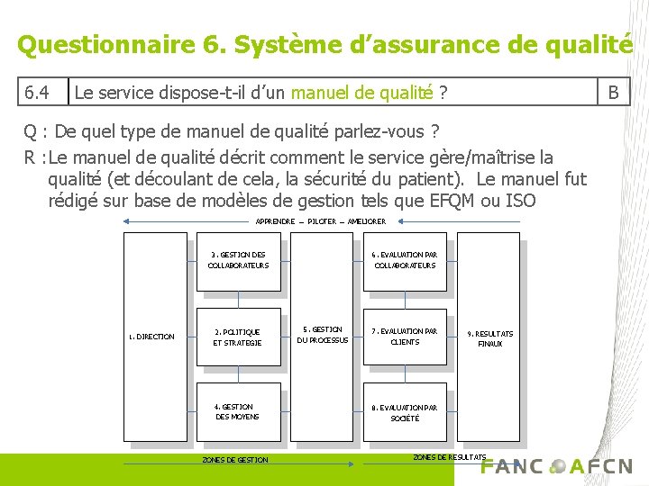 Questionnaire 6. Système d’assurance de qualité 6. 4 Le service dispose-t-il d’un manuel de