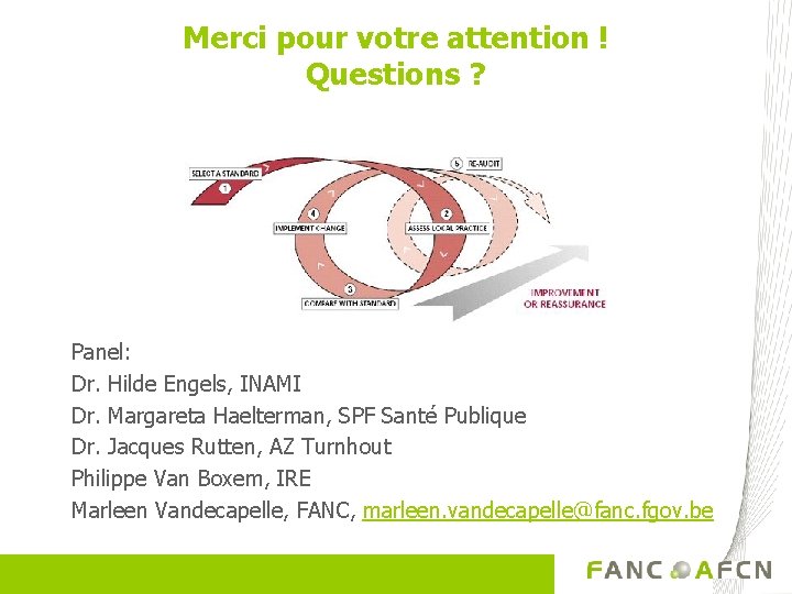 Merci pour votre attention ! Questions ? Panel: Dr. Hilde Engels, INAMI Dr. Margareta