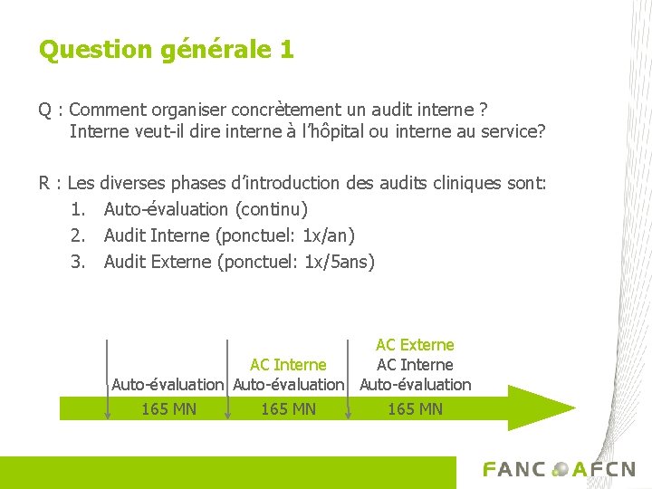 Question générale 1 Q : Comment organiser concrètement un audit interne ? Interne veut-il